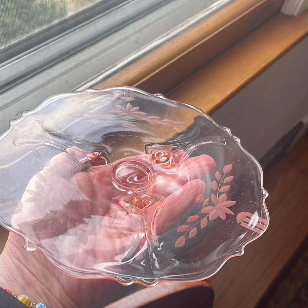 Pink Etched Glass Cake Stand